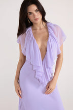 Simple Deep V Ruffle Solid Elegant Maxi Dress