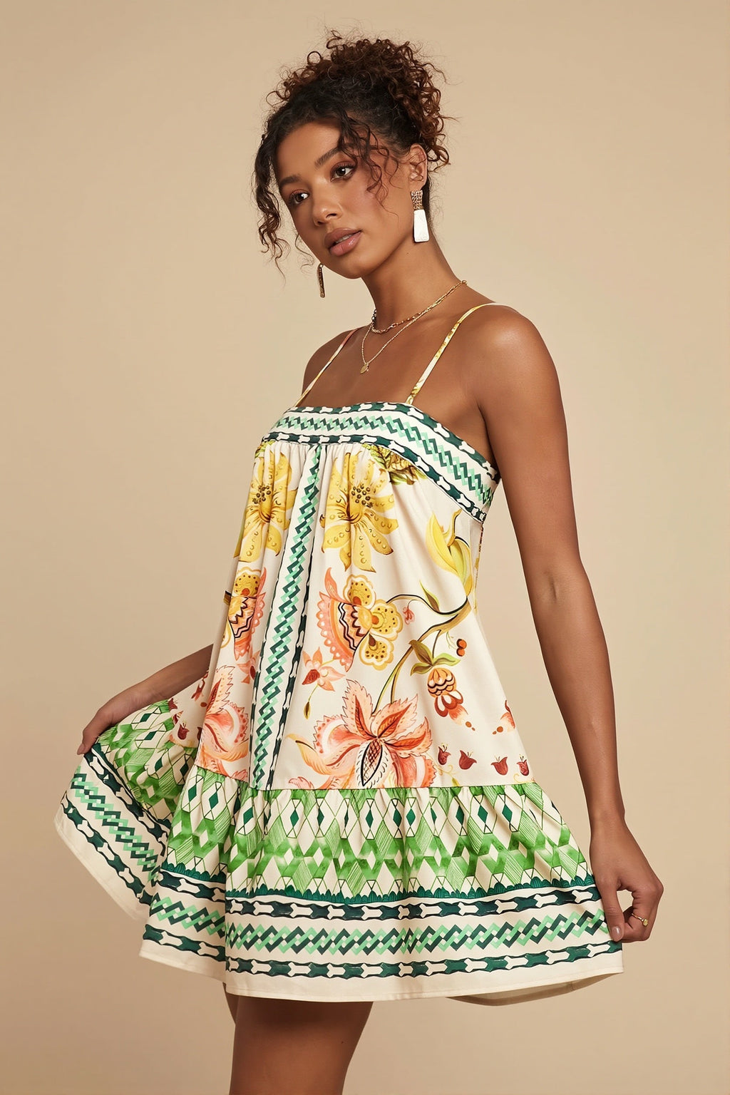 Palm Bird Print Loose Fit Cami Mini Dress