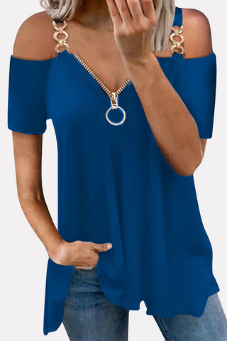 Casual Solid Chains Zipper V Neck T-Shirts(6 Colors)