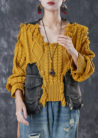 Kunst Gelb Übergroße Patchwork Taschen Strickpullover Winter 