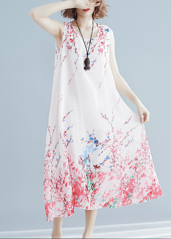 Vestidos maxi con estampado rojo, túnica sin mangas y cuello redondo francés 