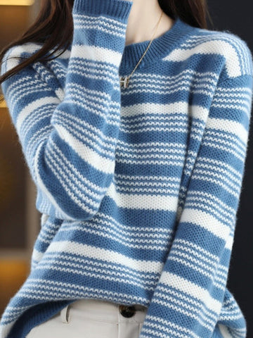 Casual Loose Long Sleeves Striped Round-Neck Sweater Tops