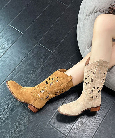 Stil Aushöhlen Stickerei Chunky Stiefel Braun Rindsleder 