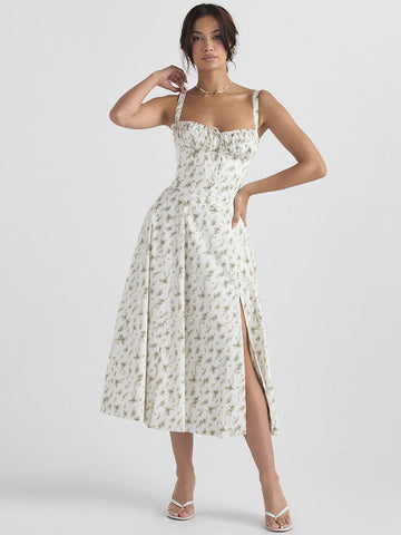 Summer Midi Dress Golden One-Shoulder Lace Up Beach Dress