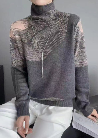 Französischer grauer Rollkragenpullover aus gestreifter Wolle mit langen Ärmeln 