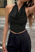 Elegant Stripe Halter Draped Tank Top