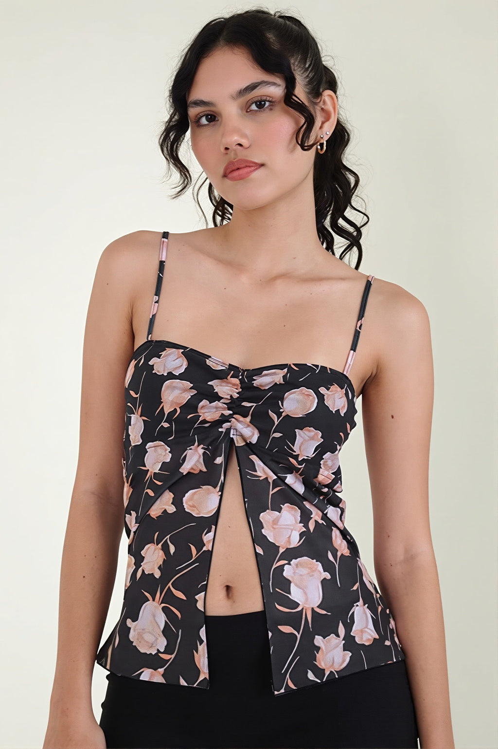Mesh Rose Print Split Cami Top