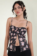 Mesh Rose Print Split Cami Top
