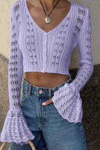 Cutout V-Neck Solid Short Long-Sleeve Knit Cardigan