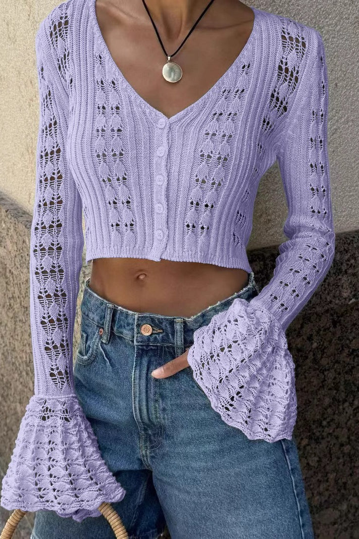 Cutout V-Neck Solid Short Long-Sleeve Knit Cardigan