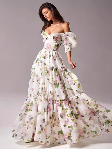 Party Dress Floral Off The Shoulder Tiered A-Line Elegant Prom Maxi Dresses