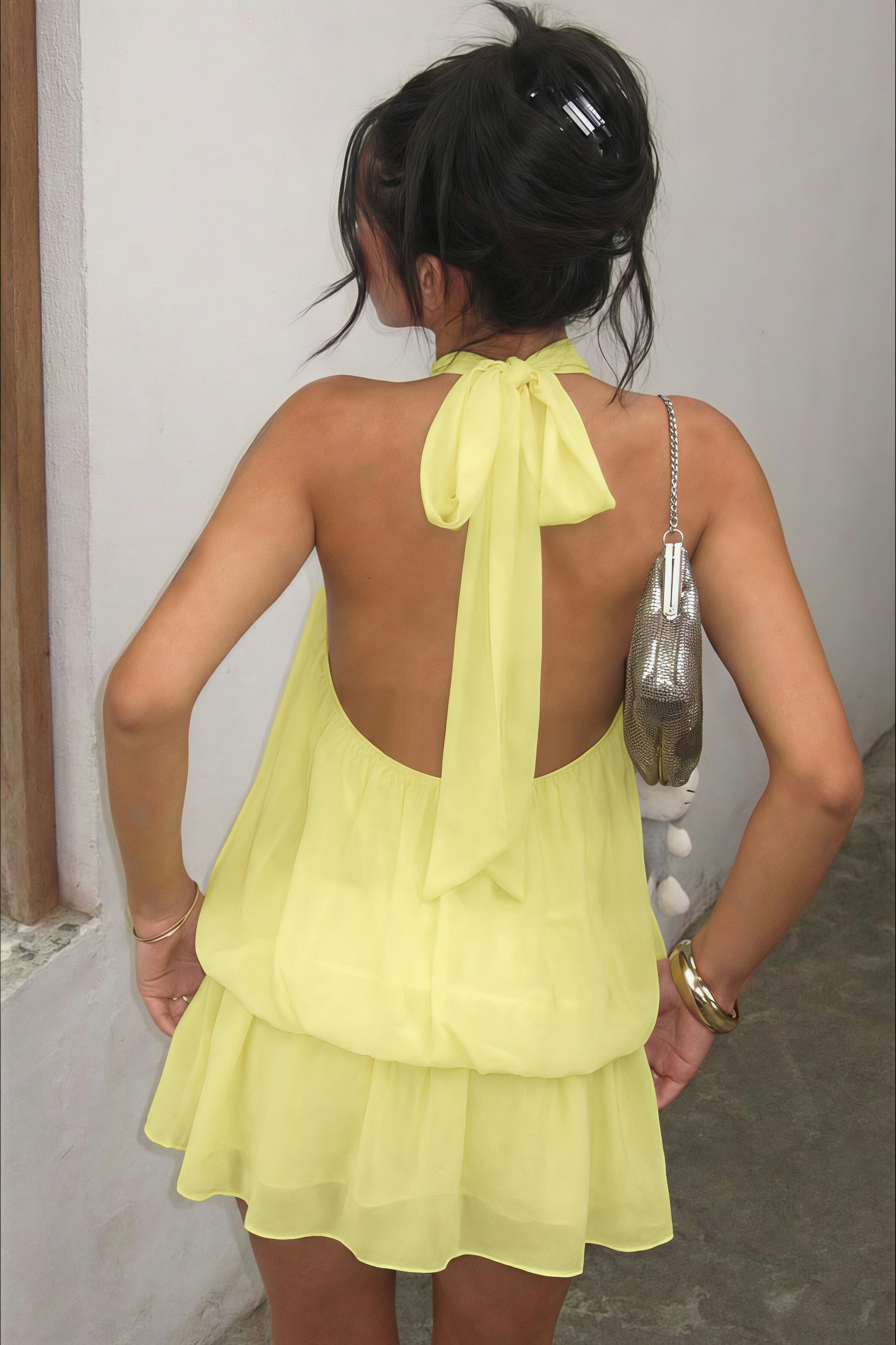 Sexy Halter Neck Backless Solid Color Waist Cinching Puffy Mini Dress