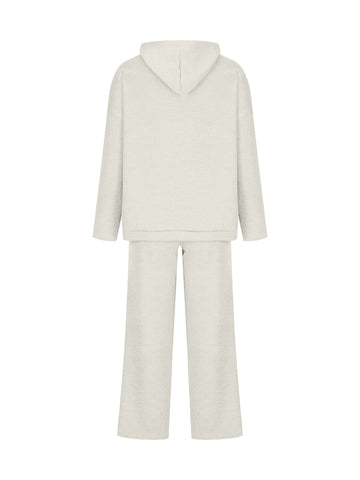 Conjunto de dos piezas de suéter holgado de color sólido con cuello redondo, capucha y mangas largas + pantalón con cordón ajustable 
