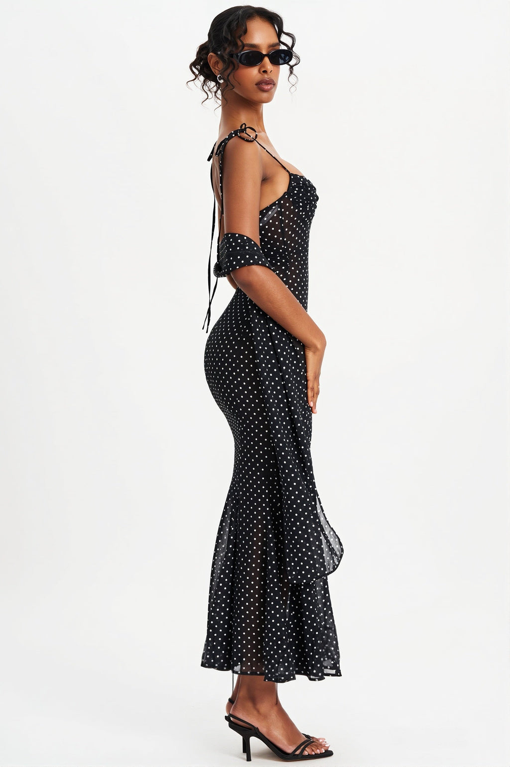 Polka Dot  Ribbon Sheer Bodycon Maxi Dress