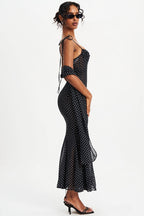 Polka Dot  Ribbon Sheer Bodycon Maxi Dress