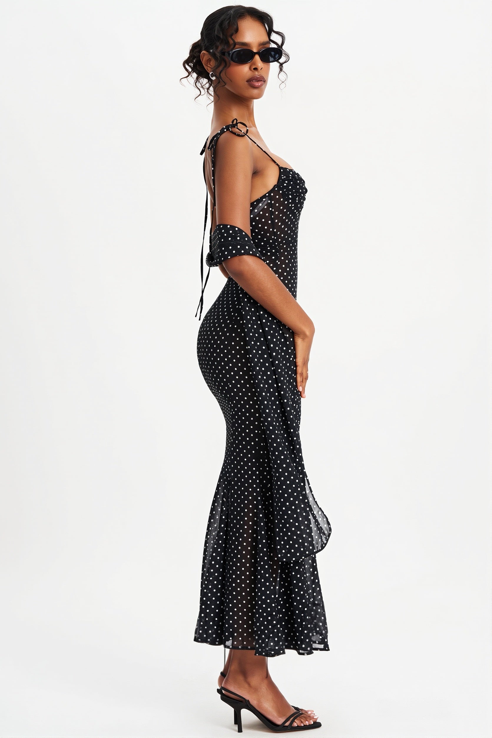 Polka Dot  Ribbon Sheer Bodycon Maxi Dress