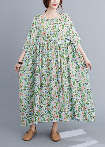 Vestido de verano bohemio verde claro con cuello redondo y estampado de patchwork, media manga 