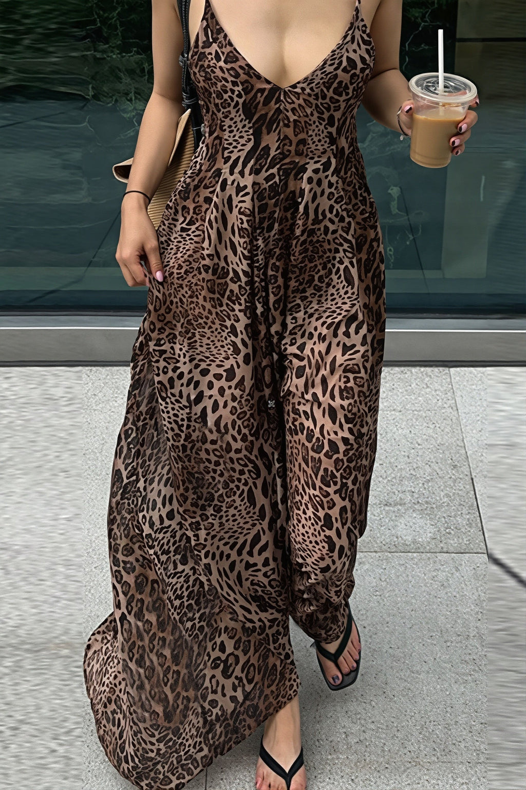 Leopard Print V Neck Backless Cami Vacation Maxi Dress