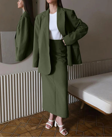 Conjunto de dos piezas para oficina con blazer y falda de manga larga verde 