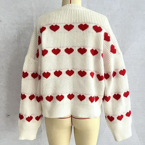 Suéter de punto con rayas de corazón rojo Lovey 