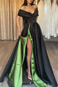 Schwarzes, grünes, langes, schulterfreies A-Linien-Abendkleid mit Schlitz vorne