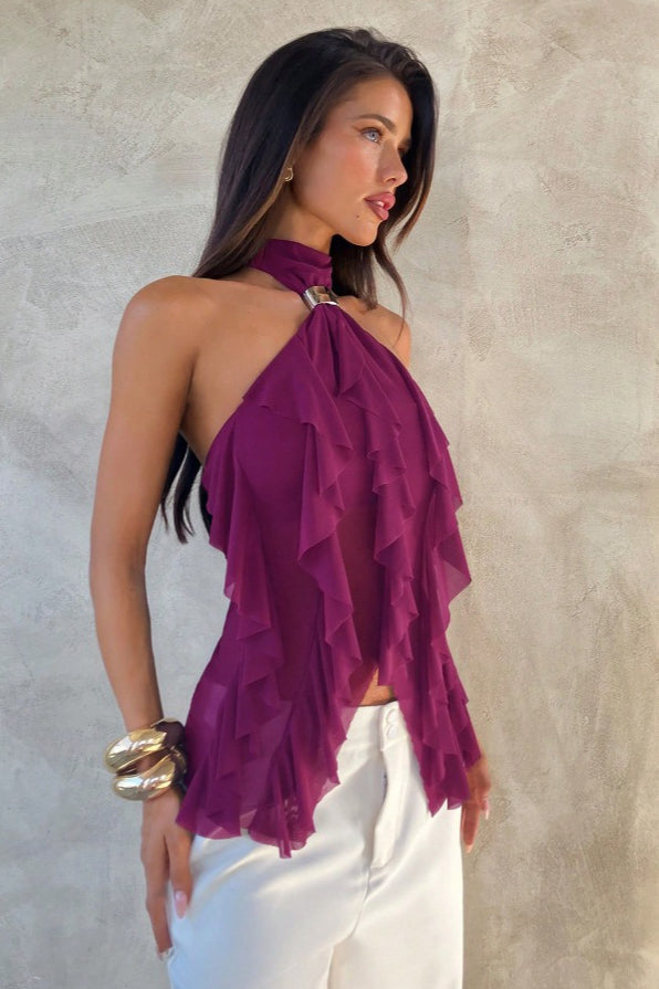Chic Solid Ruffle Slim Halter Top
