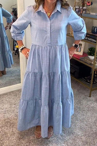 Vestido largo holgado con puños elásticos y solapa de color liso