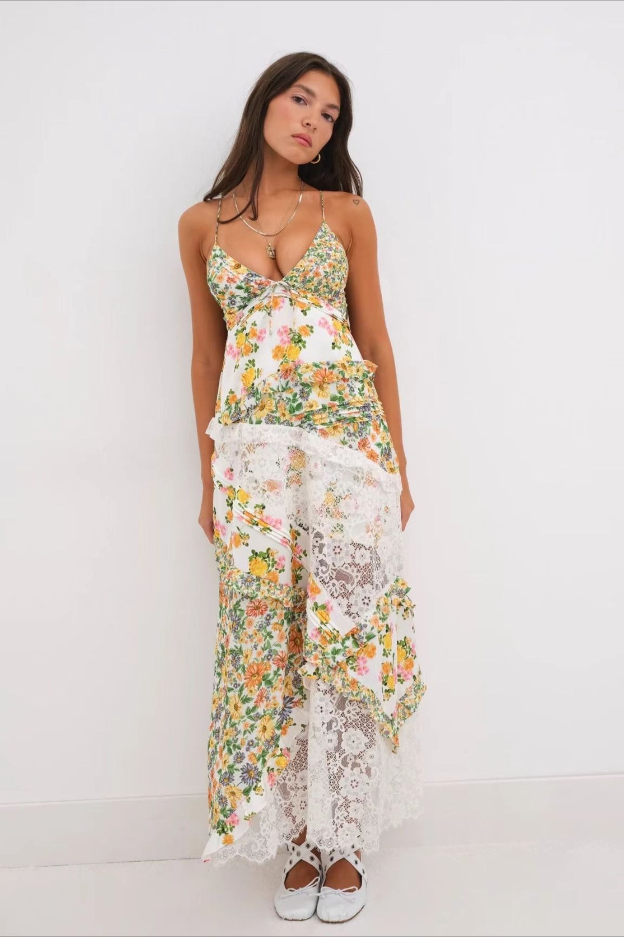 Deep V Ruffle Floral Lace Patchwork Cami Maxi Dress