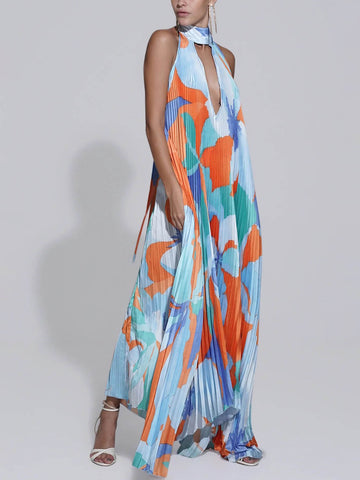 Stilvolles plissiertes Neckholder-Midikleid mit Riemchen und freiem Rücken 