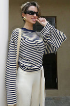 Striped Color Block Crew Neck Loose Long Sleeve Tee