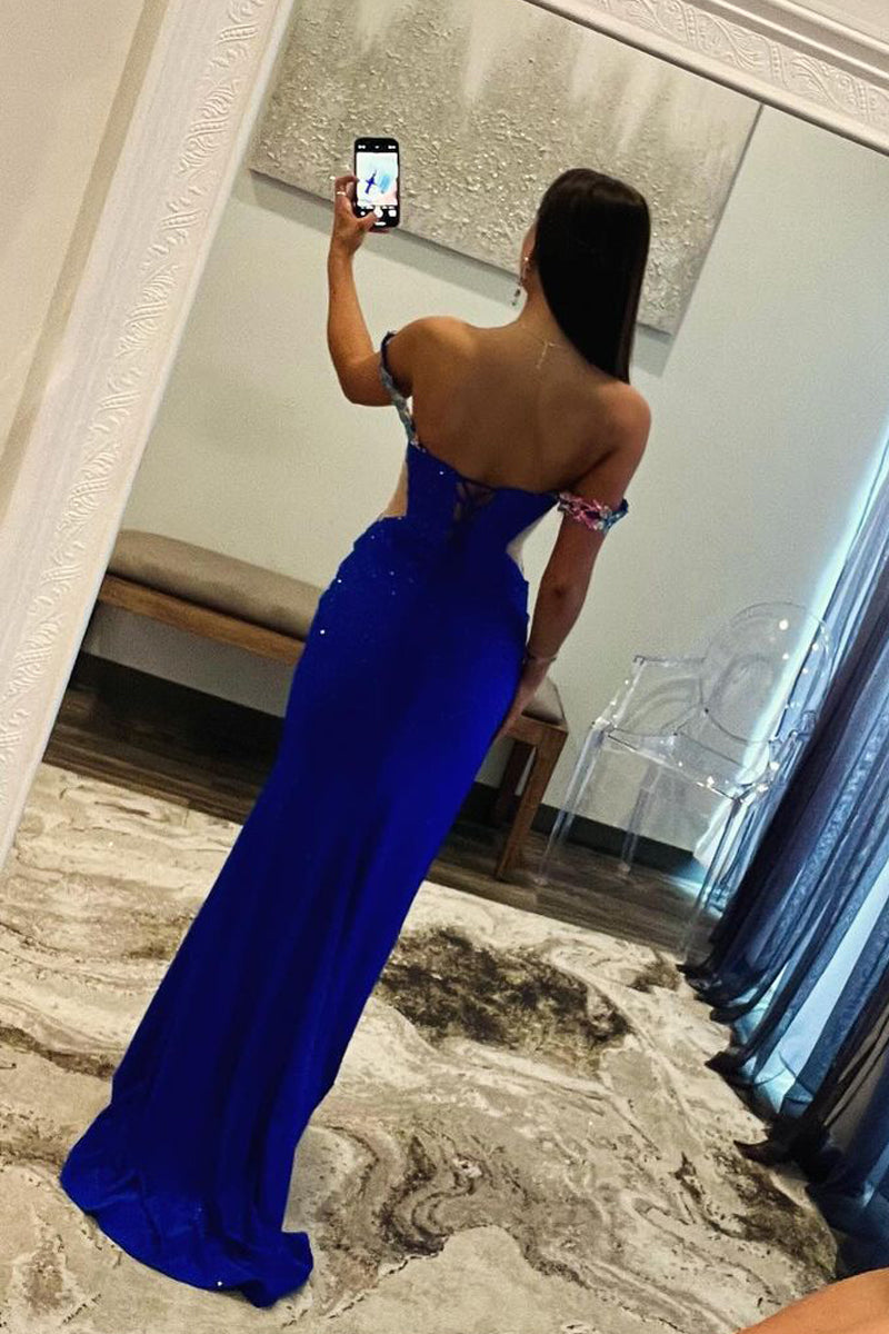 Off the Shoulder Beaded Long Prom Dresses with Appliques