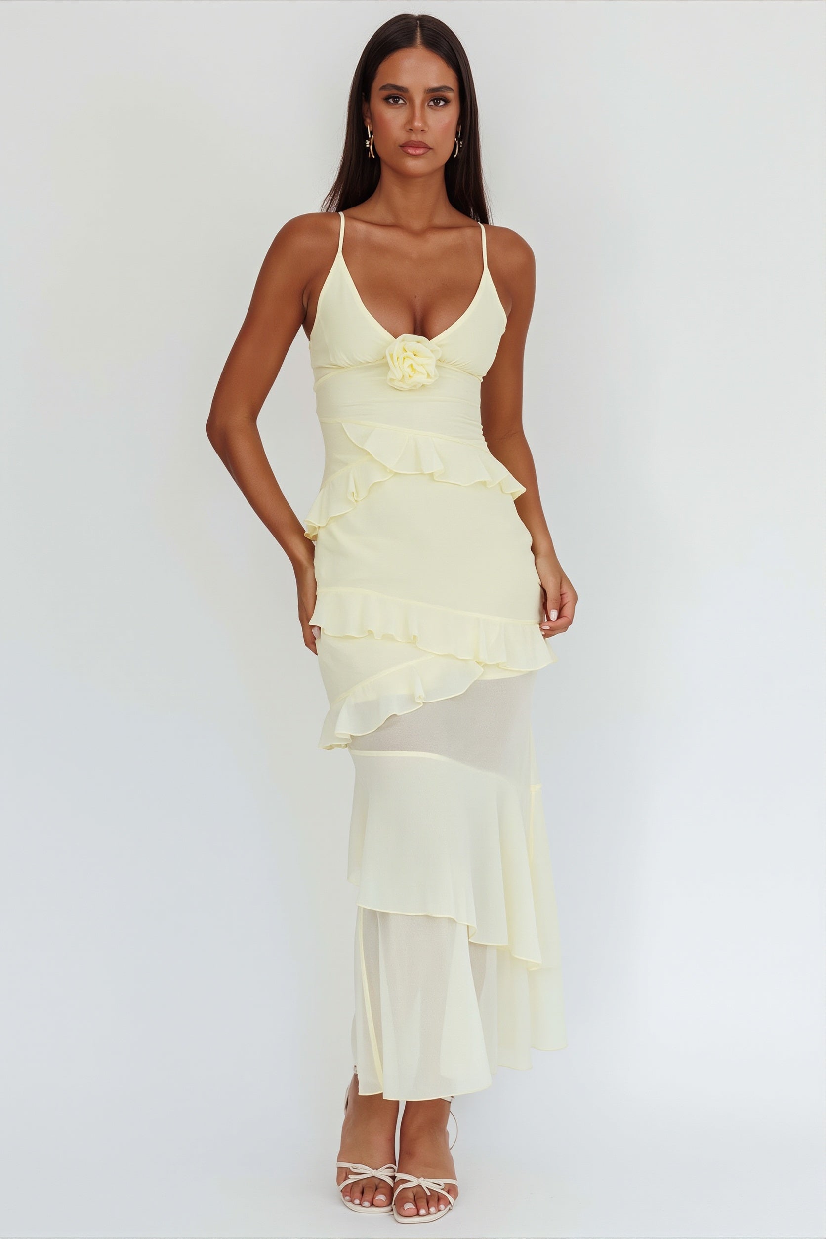 Flowy Solid Ruffle Slim Cami Maxi Dress