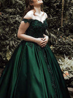 Gown Off-the-Shoulder Sleeveless Sweep Train Satin Prom Dress With Appliqued Beading