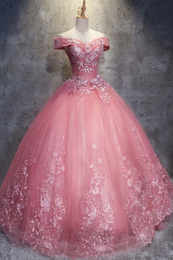 Ballkleid schulterfrei Tüll Hochzeitskleid mit Applikationen