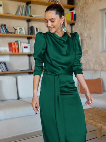 Vestido midi de satén Ximena de manga larga - Esmeralda 