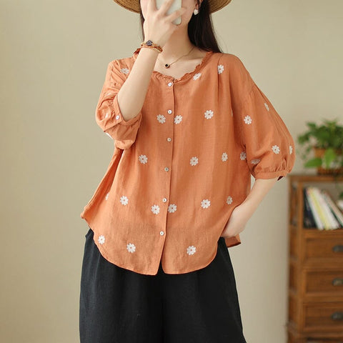 Summer Cotton Linen Floral Embroidery Casual Blouse