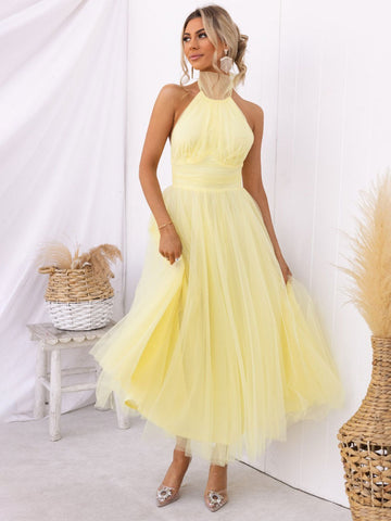 Vestido midi de tul con cuello halter, plisado, cintura imperio, espalda abierta, elegante vestido de fiesta 