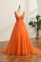 Langes, orangefarbenes Prinzessinnen-Abendkleid in A-Linie mit V-Ausschnitt und Applikationen