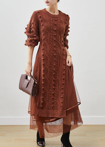 Conjunto de dos piezas de vestido de suéter de punto fino caqui y tul con abertura lateral para invierno 