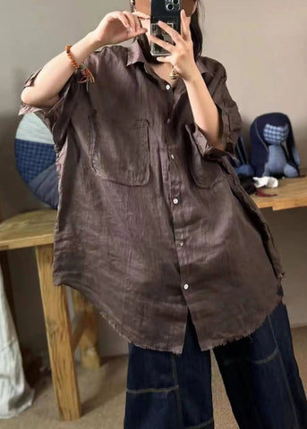 Plus Size Damen Grünes Peter Pan Kragen Leinenhemd Tops Halbarm 