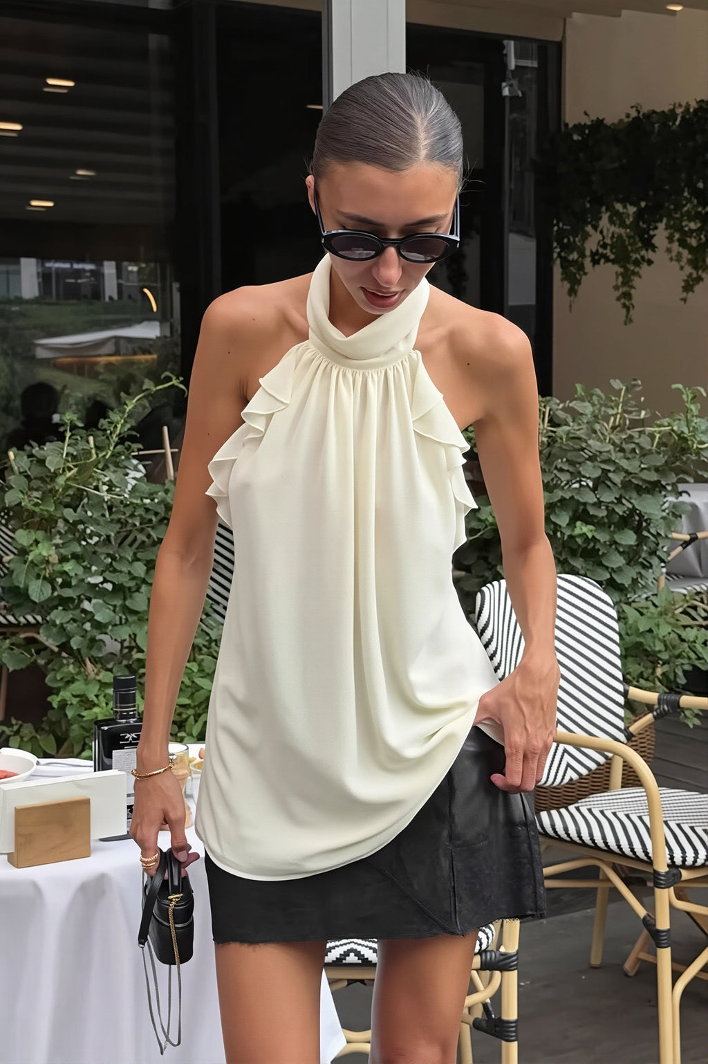 Chiffon Ruffle Halter Tie Back Sleeveless Halter Top