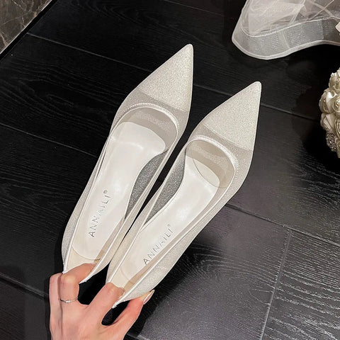 Mesh pointed high heels for women's new sexy lace white wedding shoes banquet dress champagne color bridesmaid shoes