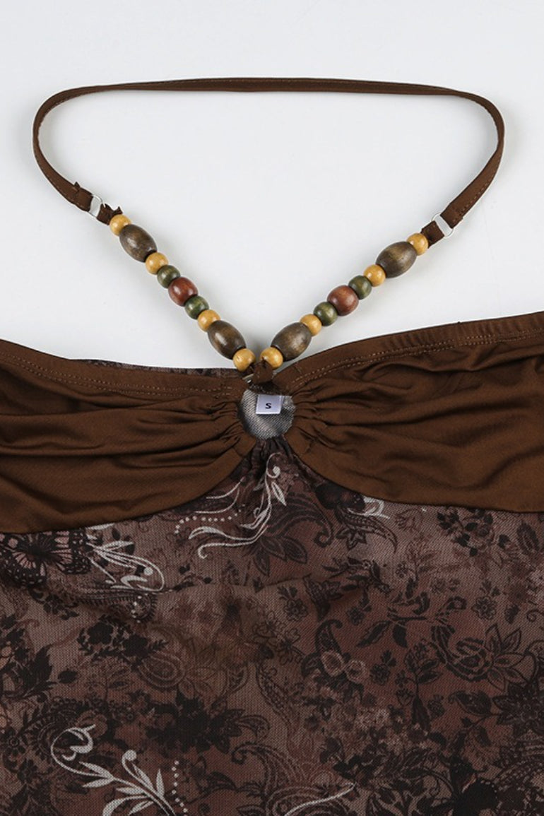 Vintage Bead Asym Hem Mesh Halter Top