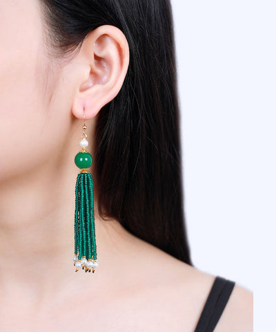 Pendientes colgantes de perlas de vidrio verde seco, hechos a mano, en oro de 14 quilates, color verde negruzco 