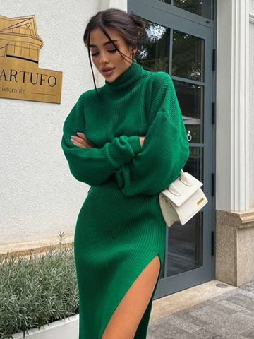 Conjuntos de dos piezas de punto suelto para mujer, conjuntos casuales de suéter de cuello alto y falda midi para otoño e invierno, conjuntos a juego para mujer 2023 