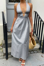 Sexy Stripe Halter Backless Lace Up Maxi Dress