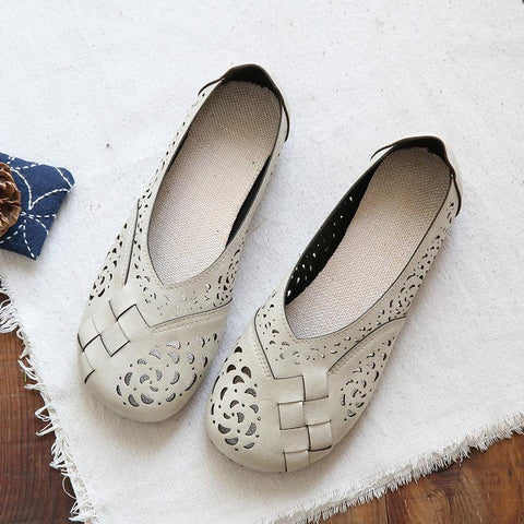 Zapatos planos casuales de cuero con plantilla de lino trenzado y huecos 