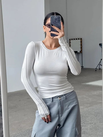White Pleated Classic Basic Knitted Tees Women Inner Thin Pullover Tops Black Slim Office Lady T-Shirts O-Neck 2024
