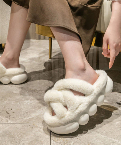 Mode Weiß Fuzzy Fell Hausschuhe Schuhe Plattform 