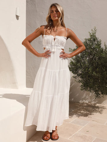 Vestido blanco con tirantes finos escalonados, aberturas y cordones, vestidos midi informales de verano 